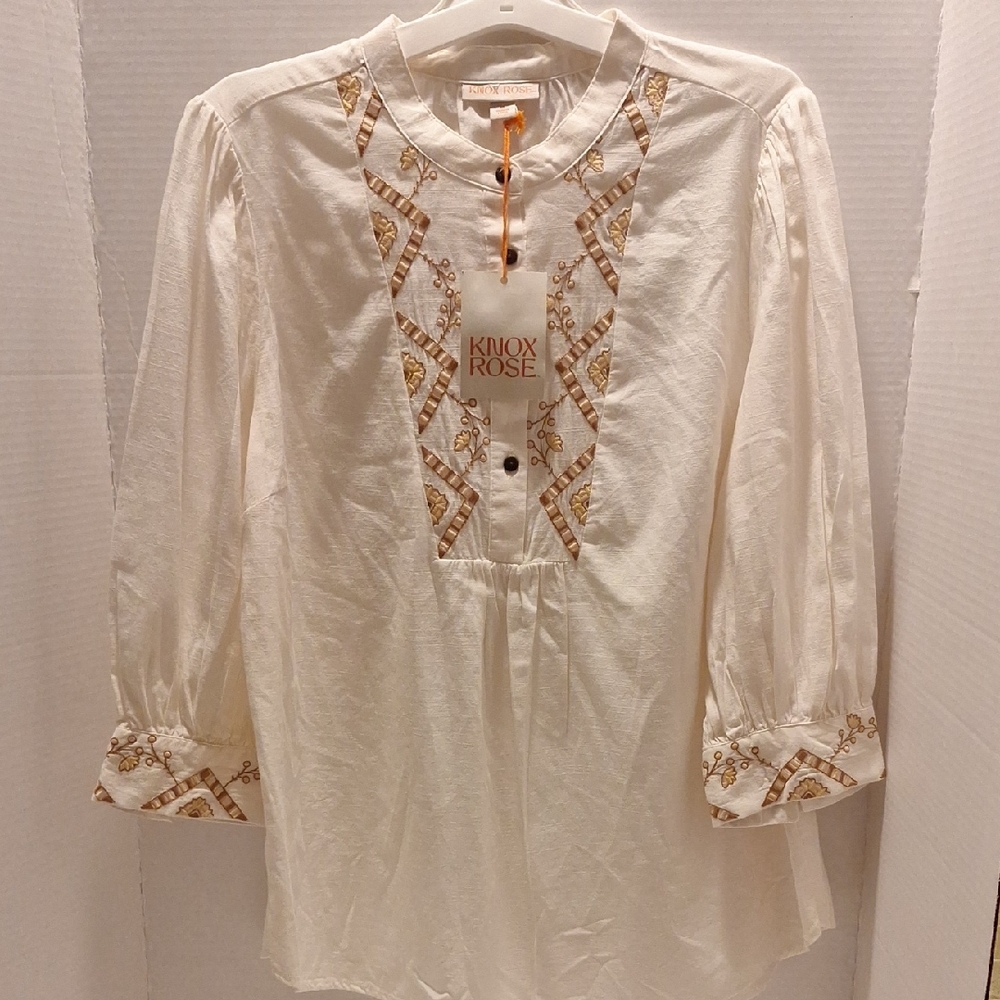 Knox Rose Women's White and Gold Embroidered Blouse.  Size Medium NWT